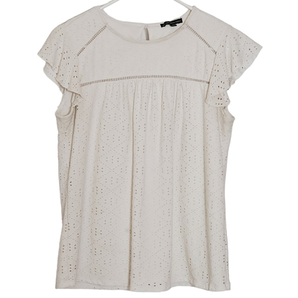 1354 * Adrianna Papell Ruffle Sleeve Eyelet Top Off White Size M